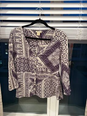 Lucky Brand Purple and White Printed Button-Front Blouse